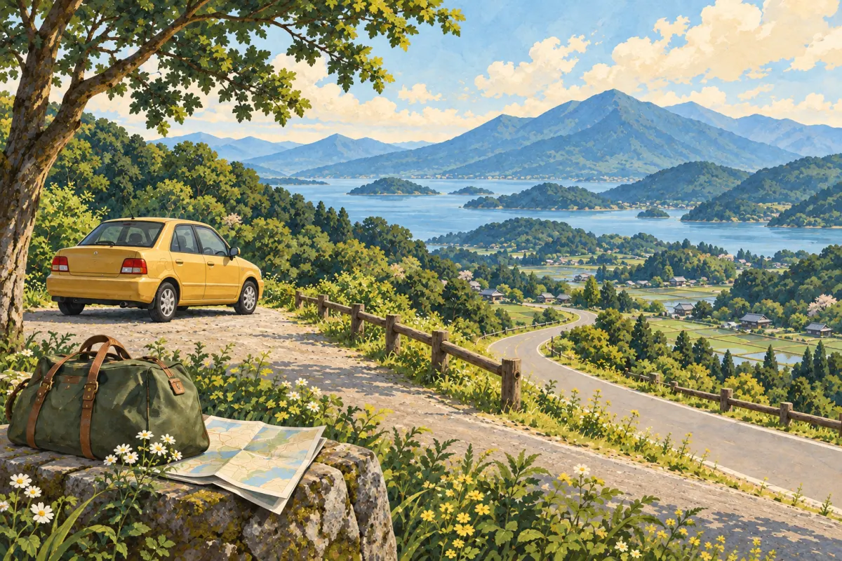 湖を見渡す道に、車と旅の荷物を描いたイラスト